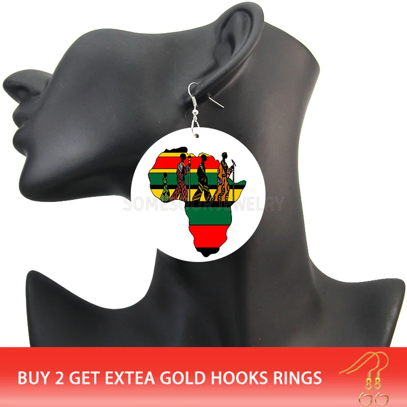 SOMESOOR Printed United Africa Countries Flags Wooden Drop Earrings Afro Black Rock Hiphop Wood Dangle For Women Christmas Gift