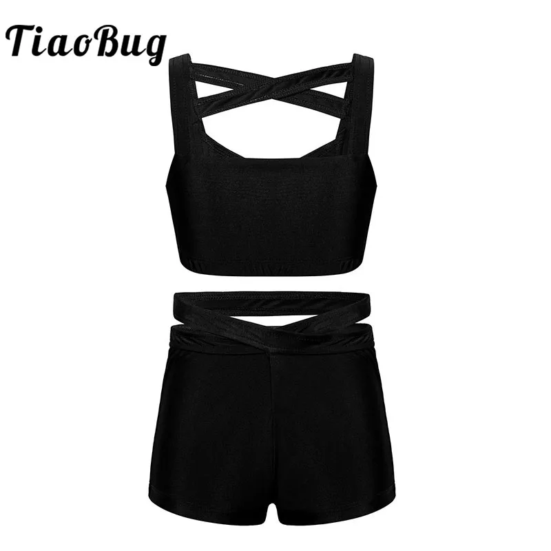 TiaoBug Kids Stretchy Solid Color Strappy Sleeveless Gymnastics Ballet Crop Top with Shorts Set Girls 2 Pieces Sports Dance Wear