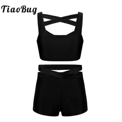 TiaoBug Kids Stretchy Solid Color Strappy Sleeveless Gymnastics Ballet Crop Top with Shorts Set Girls 2 Pieces Sports Dance Wear