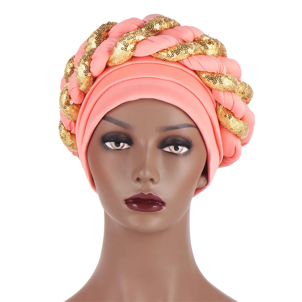 Casquette Turban à paillettes brillantes pour femmes, couvre-chef prêt pour femmes, gel Auto africain Aso Oke, couvre-chef déjà fait