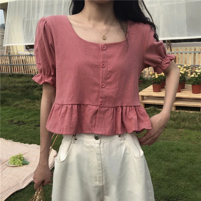 Shirts Women Ruffles New Sweet Style Summer Ulzzang Travel Basic Solid Crops Tops Popular Slim Casual Female Holiday Mujer Soft