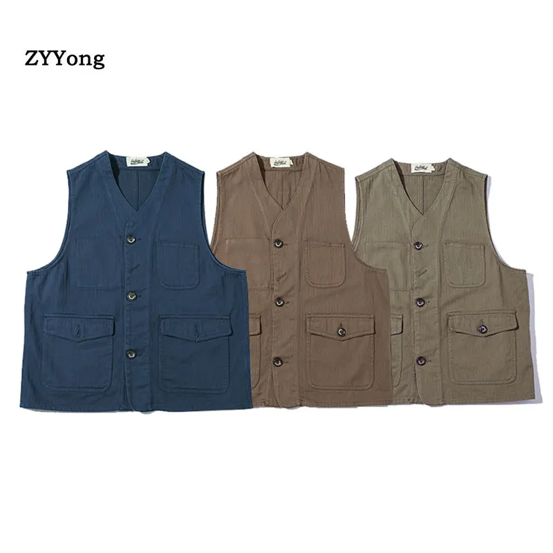 Retro Cotton Vest Men Casual Waistcoat with Multi Pocket Man Clothes