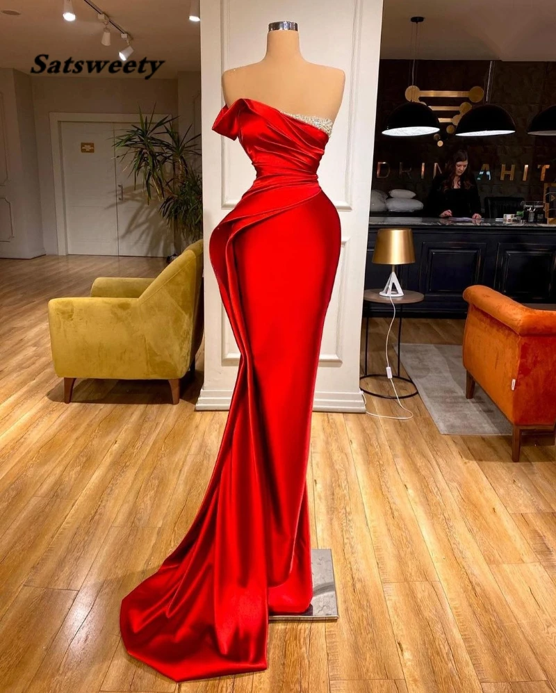 

Strapless Red Mermaid Evening Dress Pleat Sweep Train Crystals Satin Prom Gowns Custom Made Formal Party Gowns