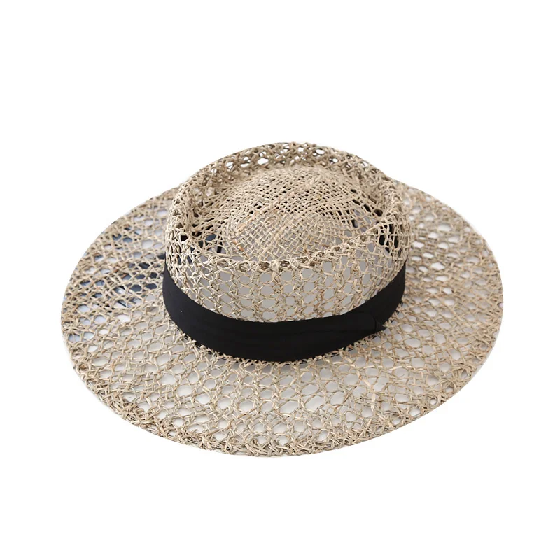 2021 New Flat top Raffia Ribbon straw hat Summer women\'s caps pearl beach sun hats Solid color Broken edge fashion Solid color