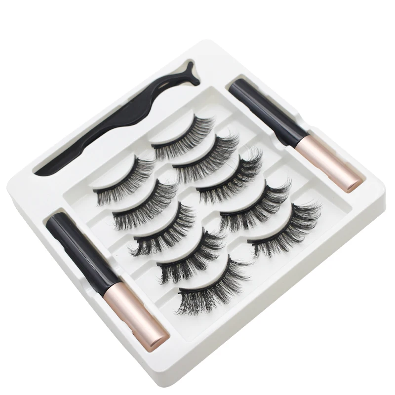 AILEISHI 5 Pairs 3D Magnetic Eyelashes Magnet Eyeliner Handmade Fake lashes Waterproof Liquid Long Lasting Eyelashes Set Makeup