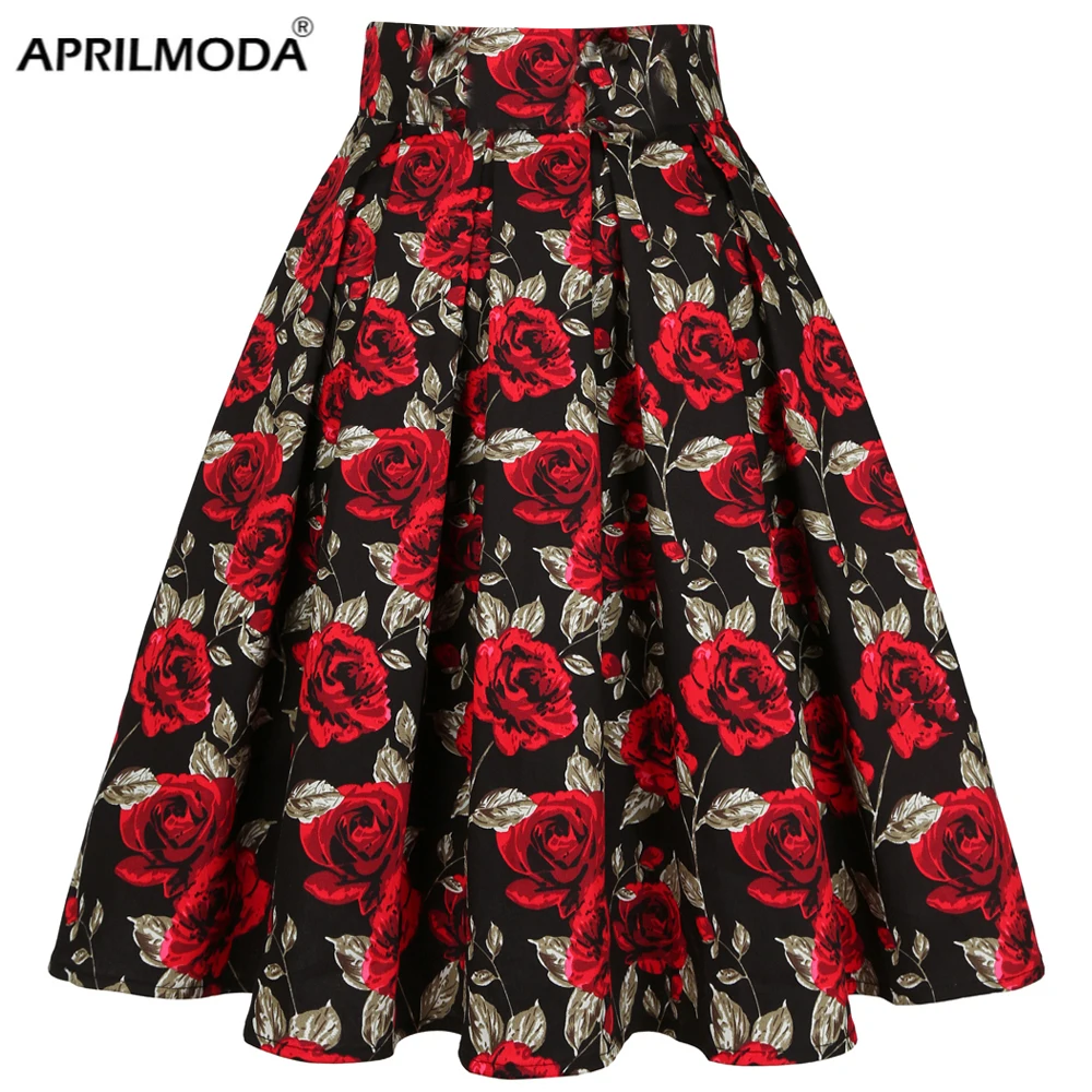 3XL A Vita Alta Floreale Rockabilly Gonne A Pieghe Delle Donne di Estate Fiore Rosa Rosso Bohe 50s 60s Vintage Gonna Midi Abbigliamento di Grandi