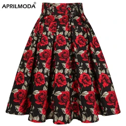 3XL High Waist Floral Rockabilly Pleated Skirts Womens Summer Red Rose Flower Bohe 50s 60s Vintage Skirt Midi Oversized Clothing