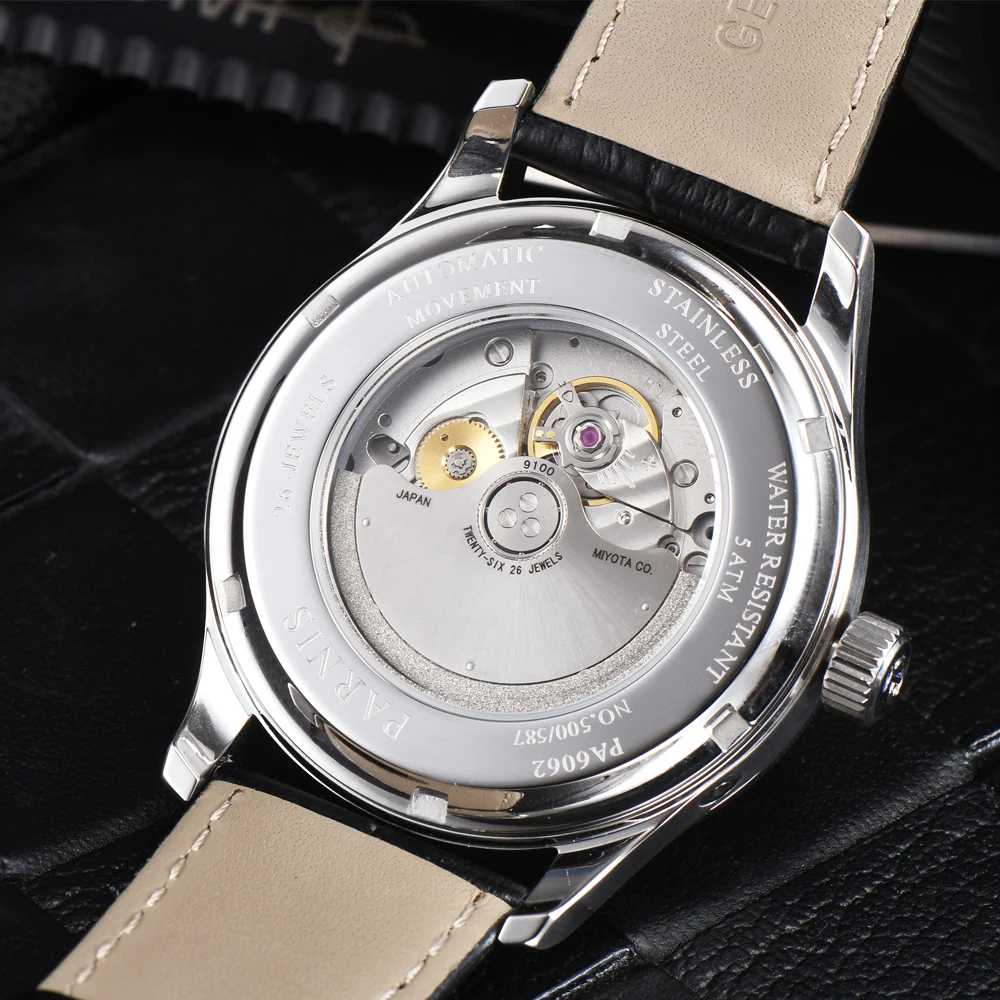 Casual Parnis 43mm Automatic Watch Moon Phase Power Reserve Men Luxury Brand Top Miyota Mechanical Winder Watches P6062 Gift Box