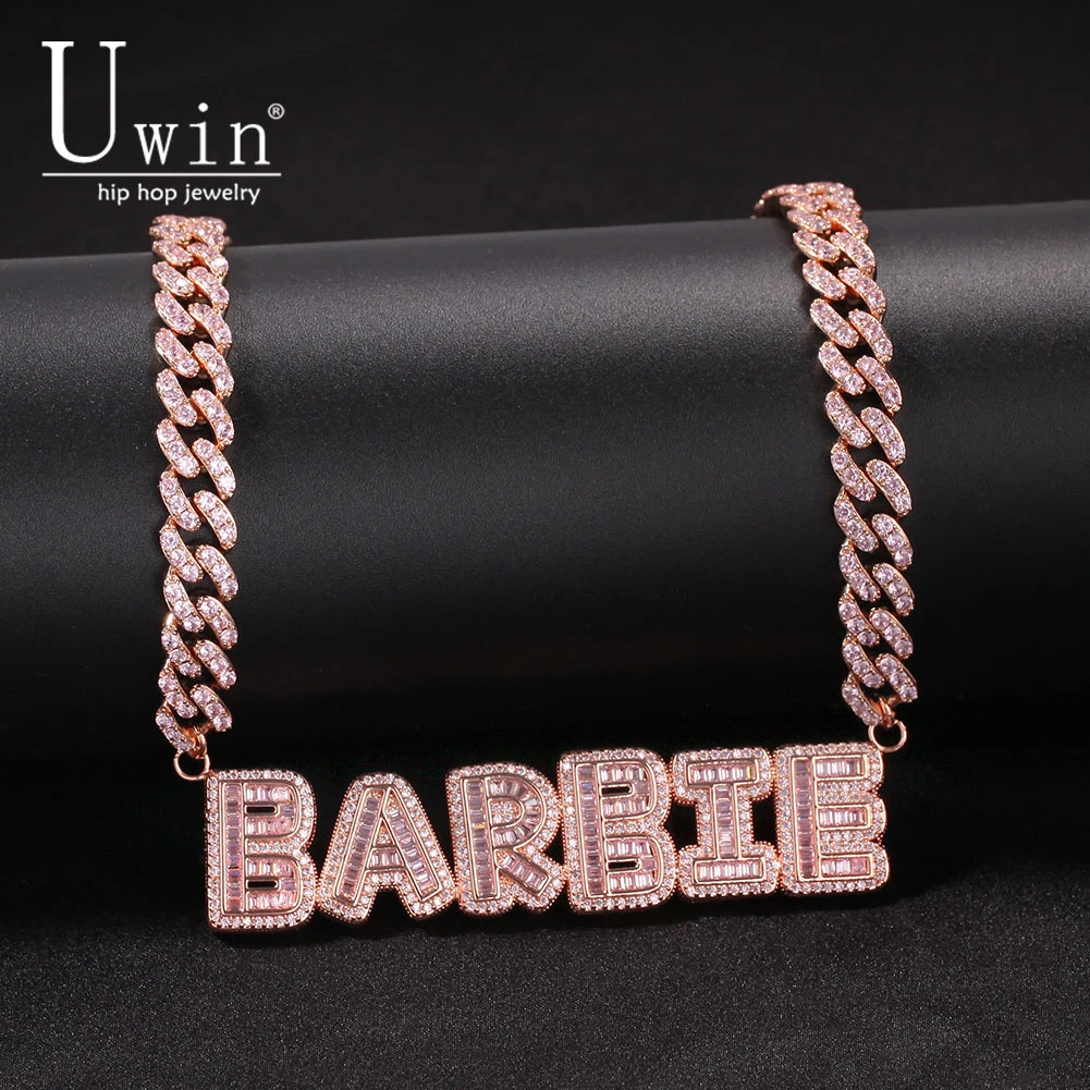 Uwin Name Necklace Baguette Letters With 9mm Iecd Out Cuban Chain Full Iced Out Zircon Pendant Gift HipHop Jewelry