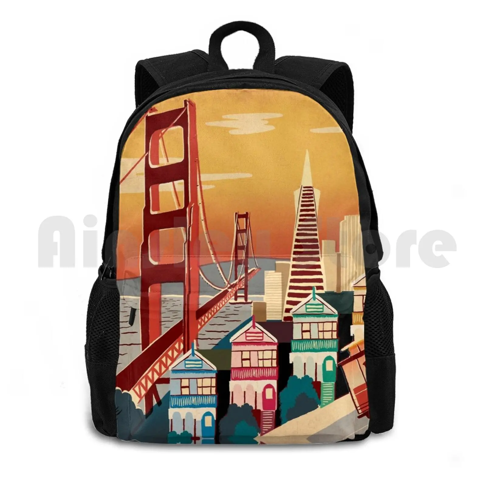 San Francisco Outdoor Hiking Backpack Waterproof Camping Travel San Francisco Golden Gate Bridge Painted Ladies Streetcar Retro