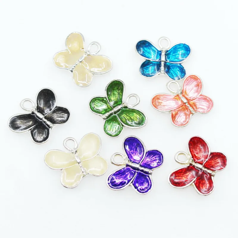 Wholesale 50pcs Mix Color Butterfly Enamel Hanging Dangle Charms Diy Pendant Jewelry Accessory