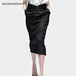 2022 Summer New Fashion Black Stripes Skinny Pencil Skirt Women High Waist With Pockets Wrapped Midi Skirts For Office Ladies