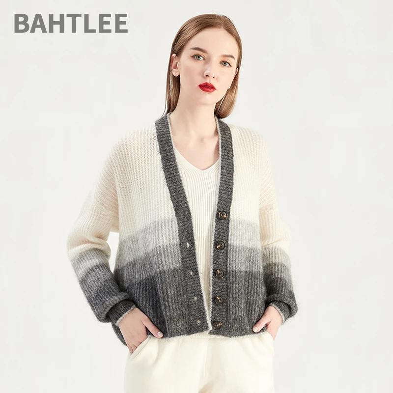 BAHTLEE-Women's Knitted Mohair Cardigan, Stripe Sweater, Gradients Color, V-Neck, Solid Long Sleeves, Wool Coat, Thin, Spring