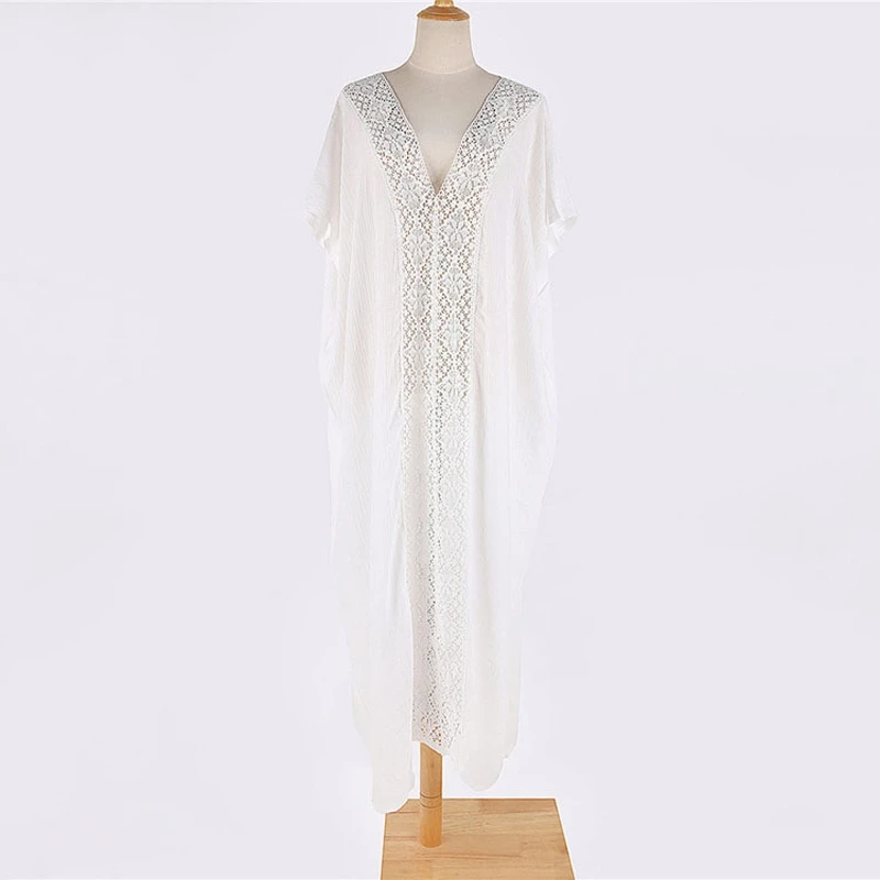 Solidny biały koronkowy długi strój kobiety lato przód HollowOut kwiatowy Ornament dekolt Kaftan elegancka sukienka Kaftan Rayon Resortwear Chic