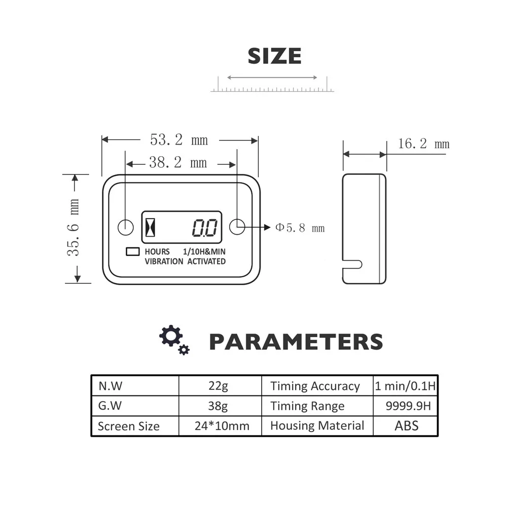 Wireless Digital Hour Meter Vibration Waterproof Engine Motohours Meter LCD Display Auto Sleep with Replacable Battery rpm Meter