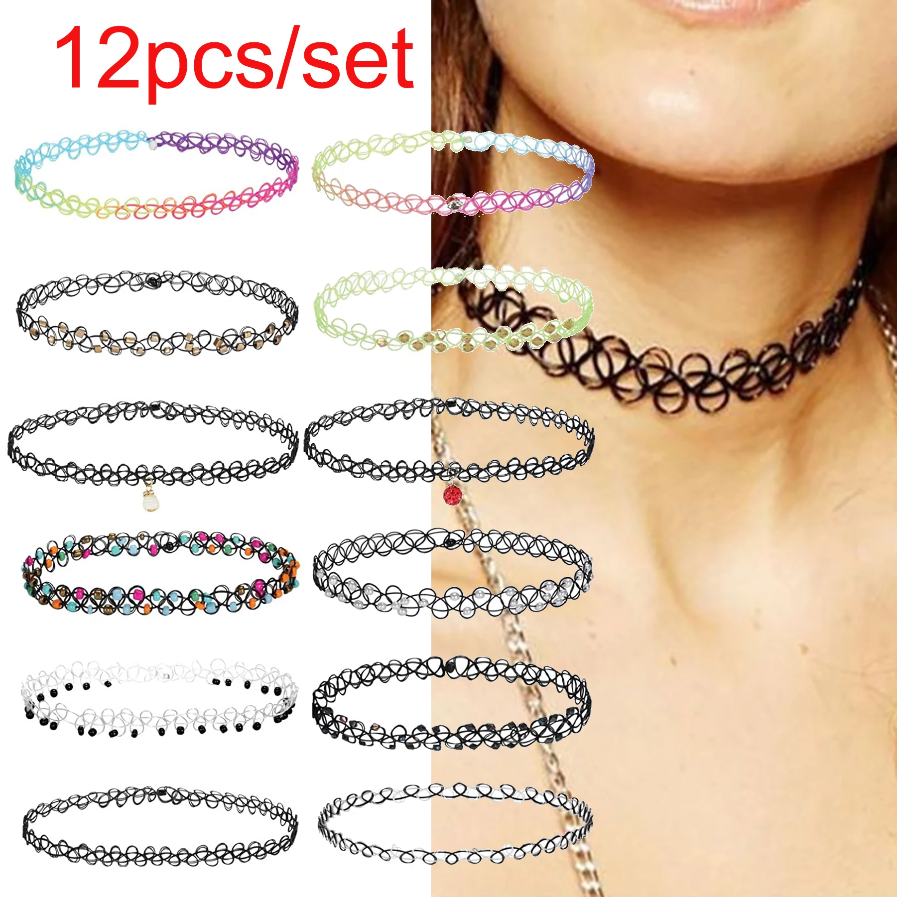 12pcs/set Fishline Choker Necklaces For Women Girls Stretchy Gothic Punk Elastic Hollow Chocke Collar Necklace Jewelry Set