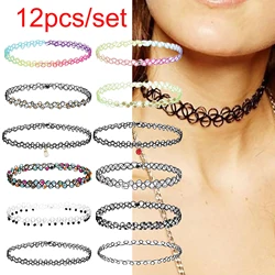 12pcs/set Fishline Choker Necklaces For Women Girls Stretchy Gothic Punk Elastic Hollow Chocke Collar Necklace Jewelry Set