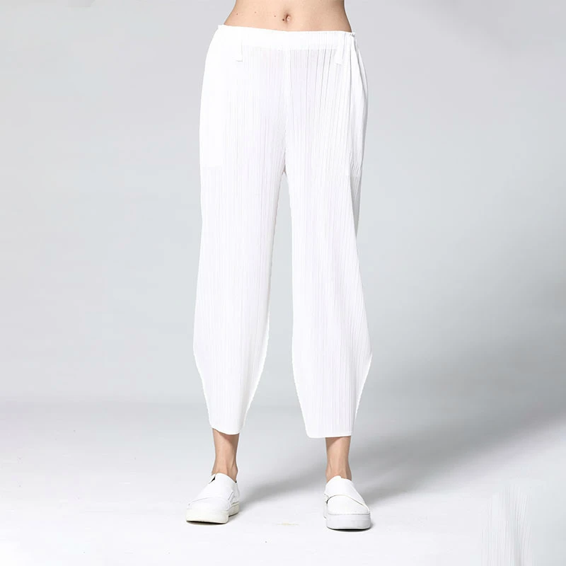 Pleated pants new pure white elastic high waist Miyake-oden pleated pants women's casual pants elastic waist