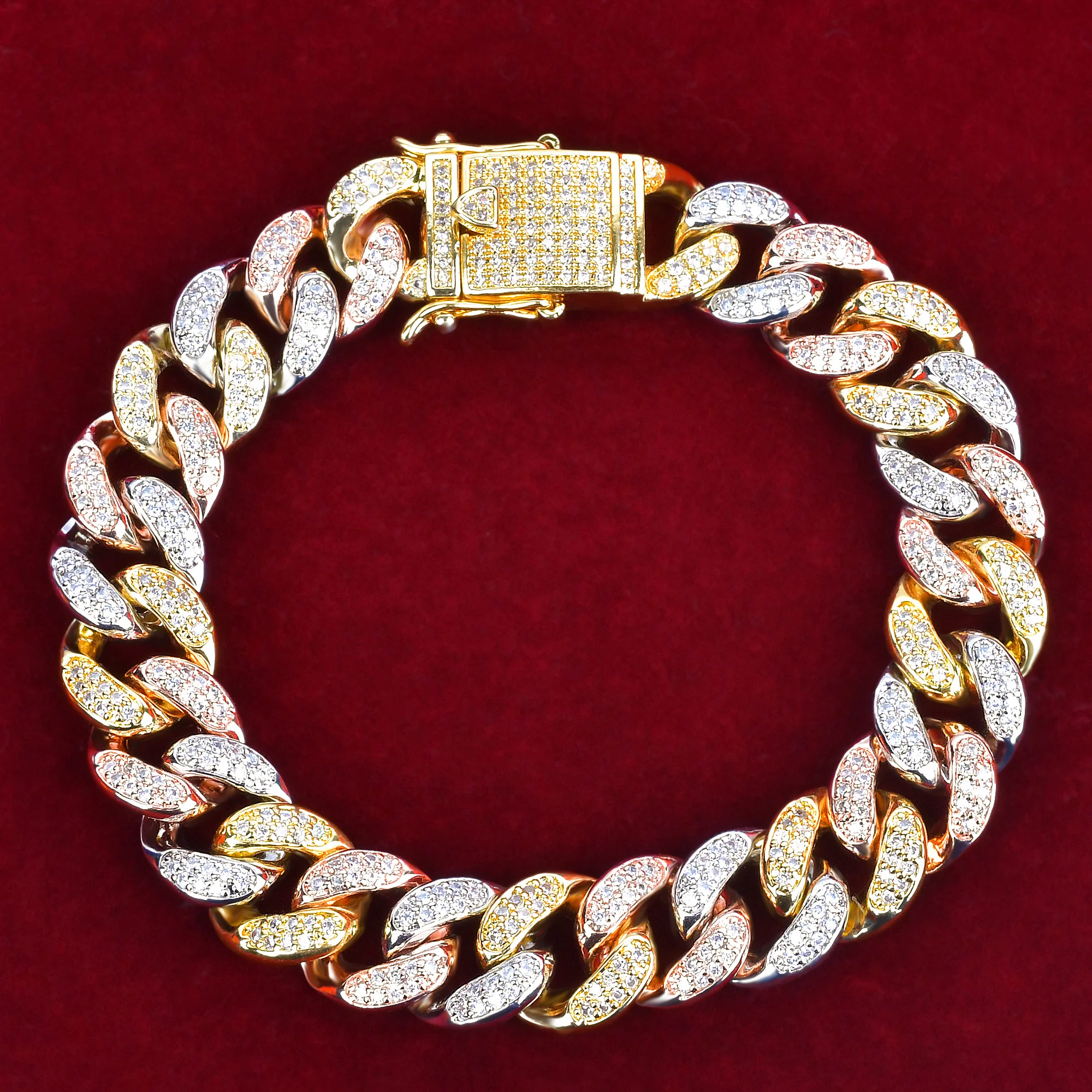 Aokaishen 12MM Cuban Link Bracelet for Men Hip Hop Jewelry Iced Out AAAAA Zirconia Colorful