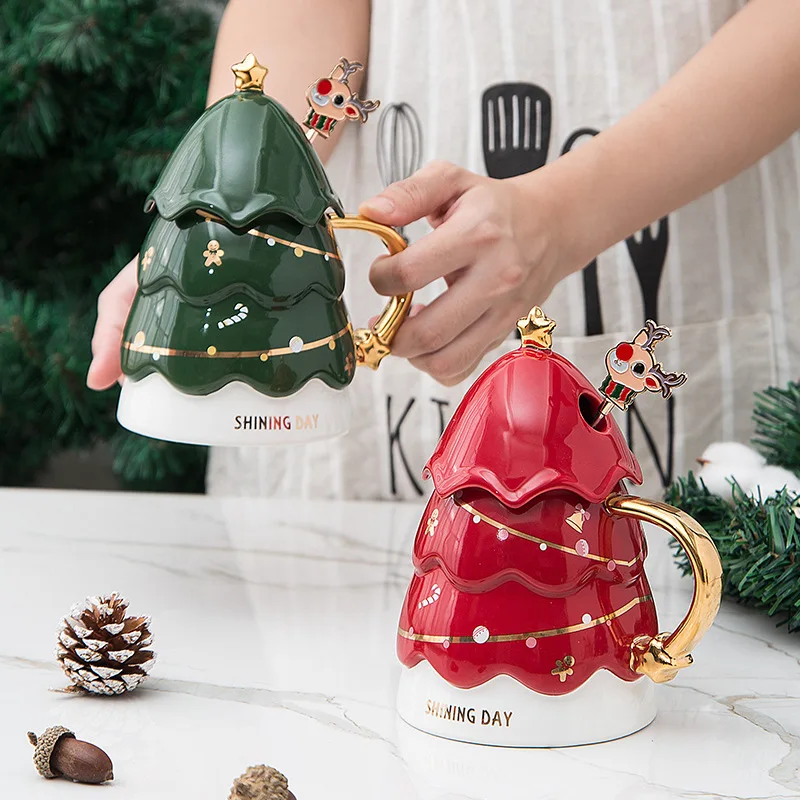 420ml Christmas Tree Ceramic Mugs Coffee Milk Kawaii Cute Cups With Lids Fashion Girl Office Drinking Cup Latte Espresso Cups