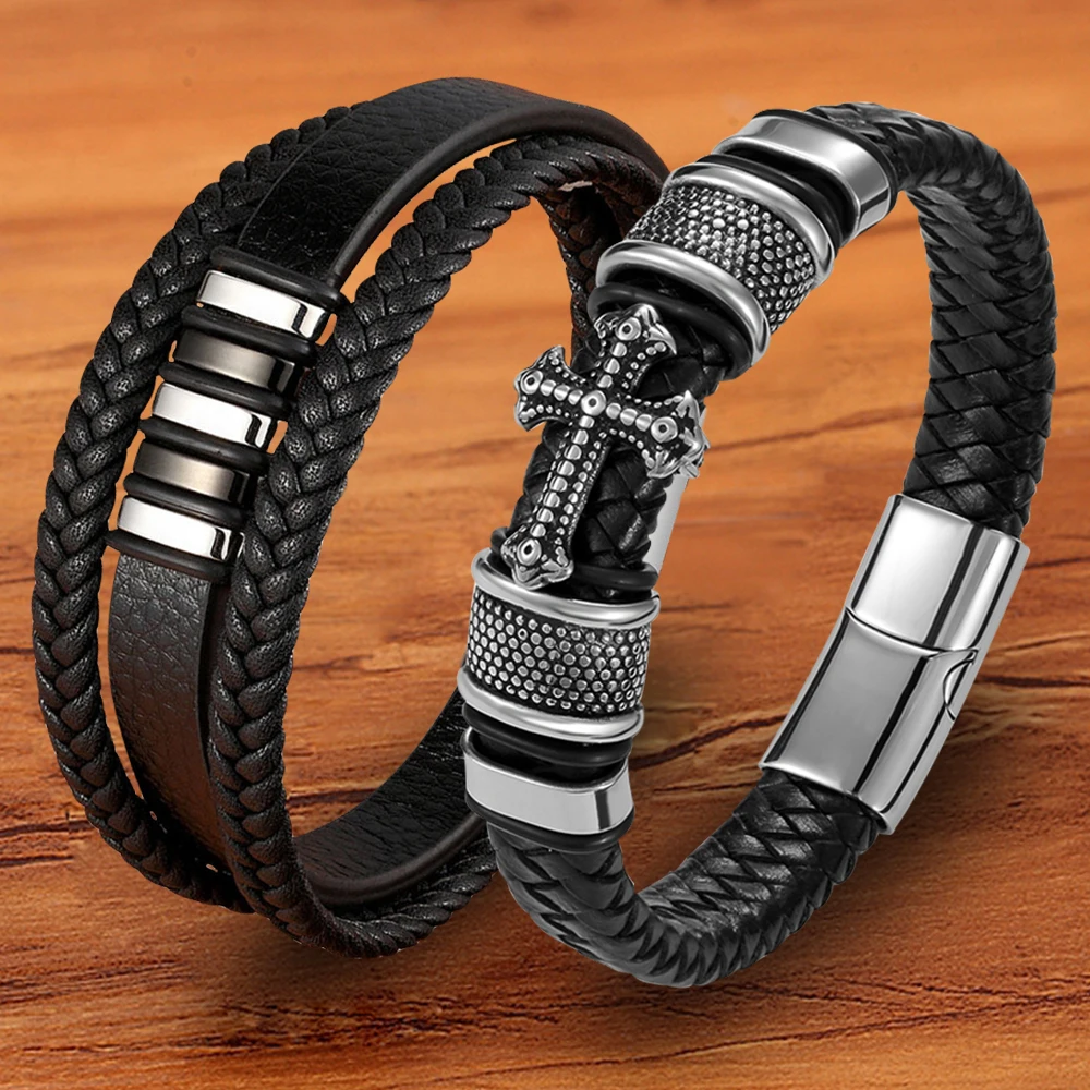 TYO Trendy Designer Stainless Steel Rope Woven Magnetic Genuine Leather Black Bracelet for Men Cross Braided Jewelry Accessories