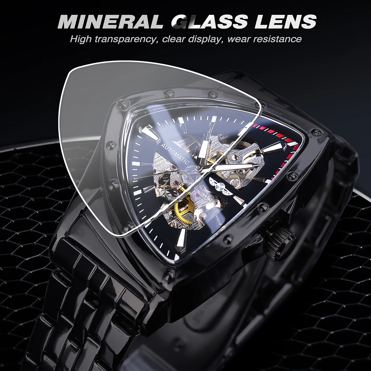 WINNER Black Skeleton Mechanical Watch Man Triangle Automatic Watches Stainless Steel Irregular Wristwatch Transparent Back Case