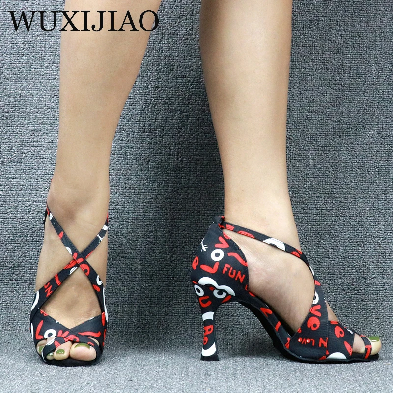 WUXIJIAO hot-selling printing women\'s Latin dance shoes national standard dance shoes party square dance shoes soft sole 9cm