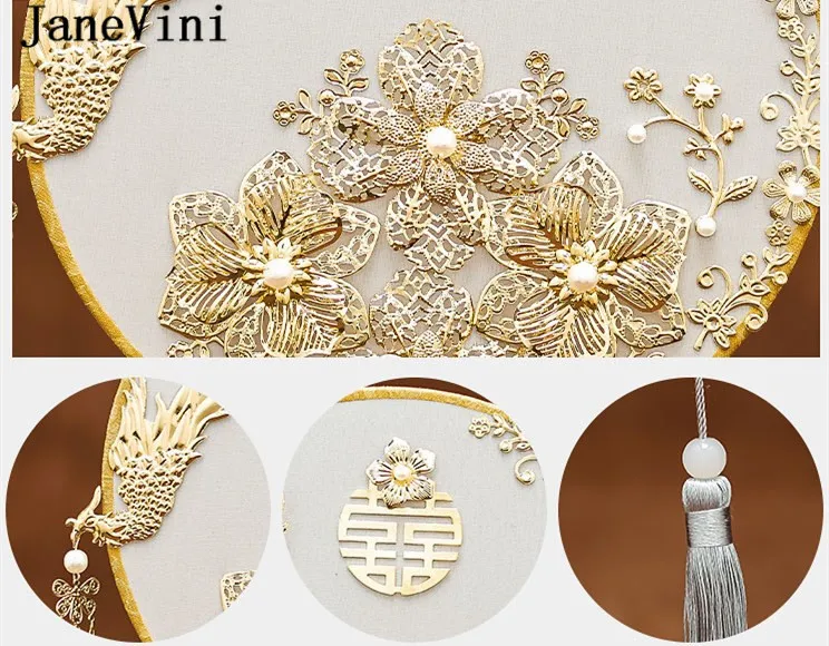 JaneVini Chinese Style Bridal Fan with Golden Tassels Gold Phoenix Pearls Ancient Bride Wedding Bouquet Fan Type Flowers 2021