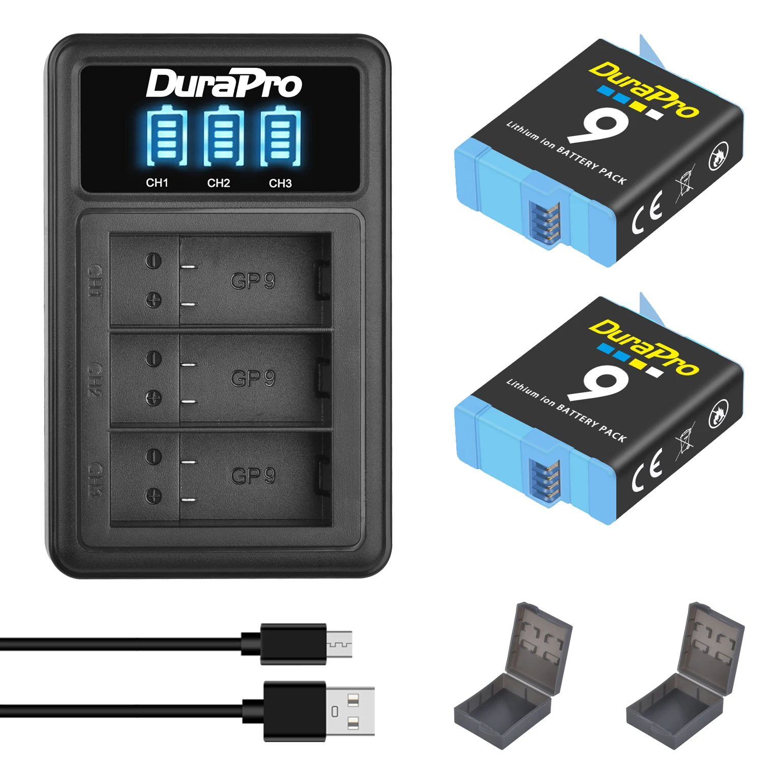 

DuraPro 1680mAH AHDBT-901 Battery+LED 3-Slots Charger with Micro USB Port For GoPro Hero 9 Go Pro 10 Hero 11 Action Cameras