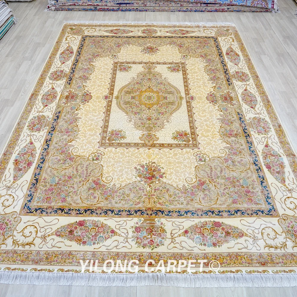 9x12ft Traditional Handmade Persian Silk Rug Classical White Floral Carpet (ZQG624A)