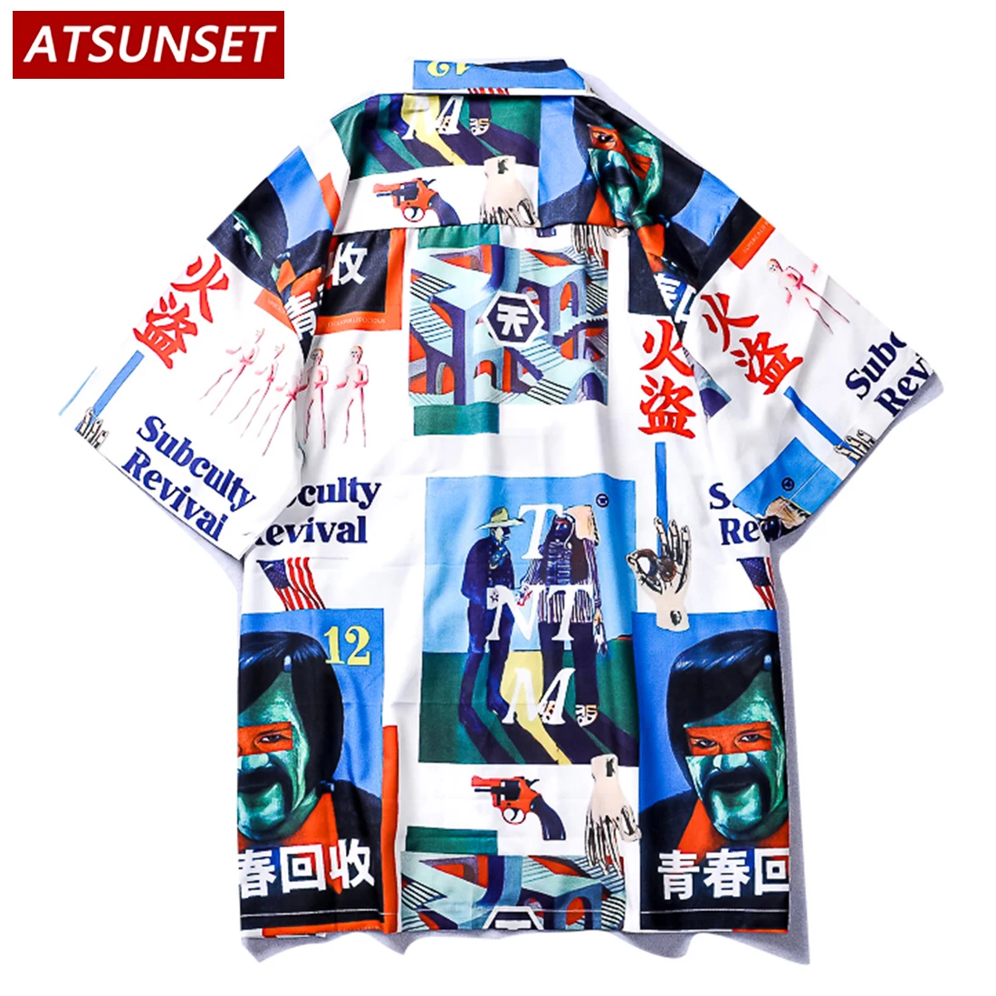 ATSUNSET Chinese Element Youth Recycling Print Font Shirt Hawaiian Streetwear Shirt Short Sleeve Cotton Fashion Tops