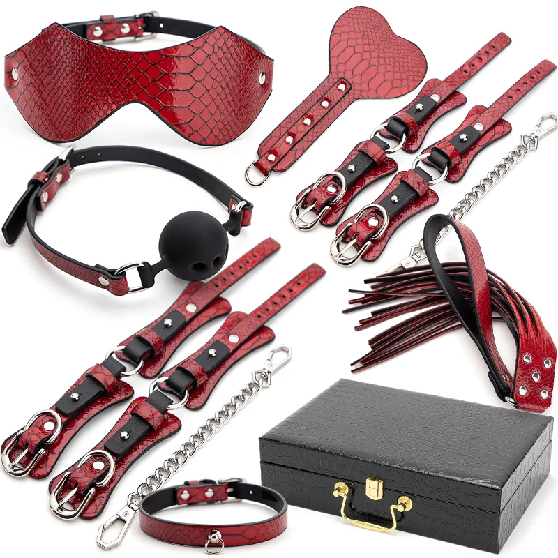 

Red Upscale BDSM Bed Bondage Kits PU Leather Erotic Restraint Set SM Handcuff & Ankle Cuffs Kit Whip Adult Women Couple Sex Toys