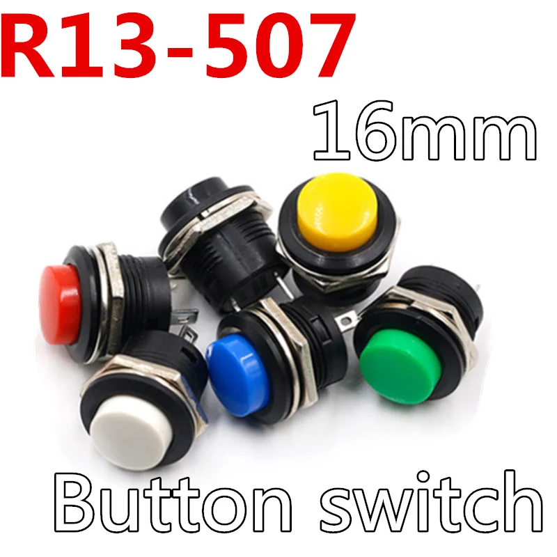 

5pcs/lot R13-507 Momentary SPST NO Red Black White Yellow Green Blue Round Cap Push Button Switch AC 16MM 6A/125V 3A/250V