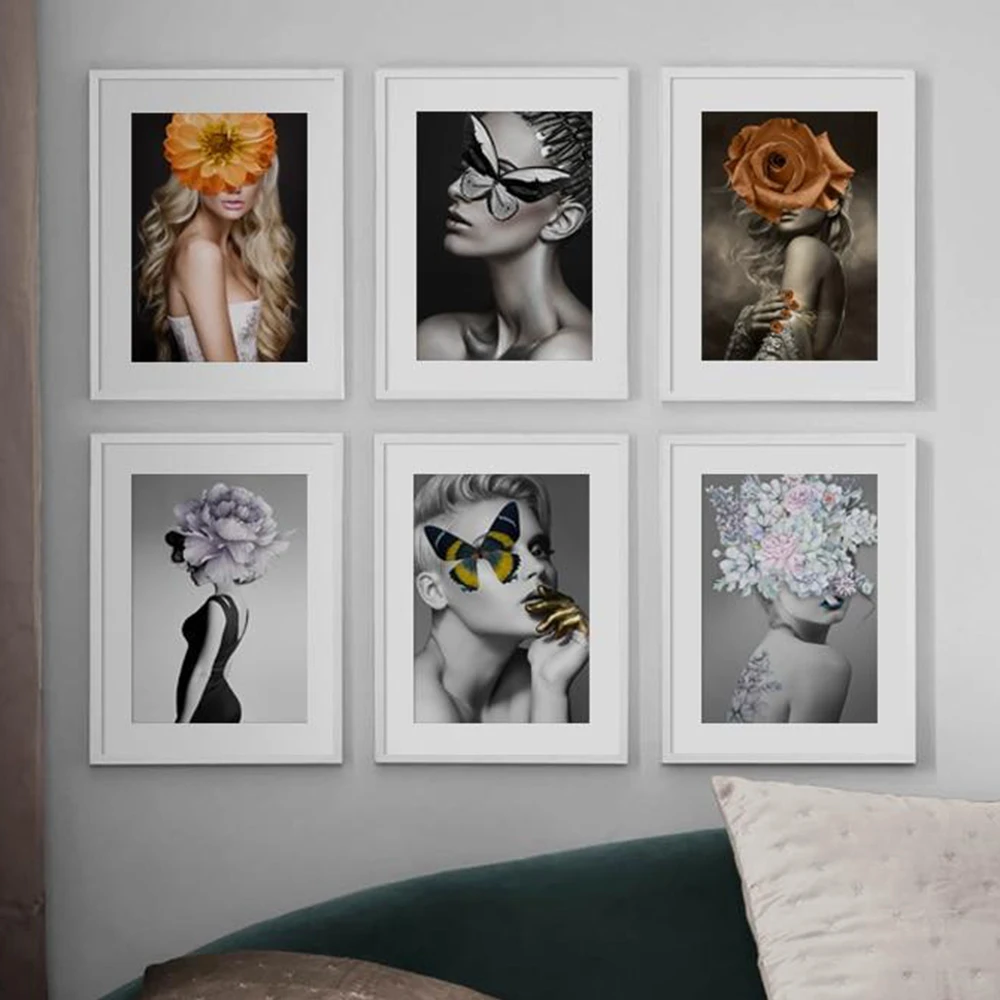 Fashion Woman Head Flower Mask Makeup Art Picture Wall Art Canvas Painting Nordic Posters and Prints For Living Room Home Decor