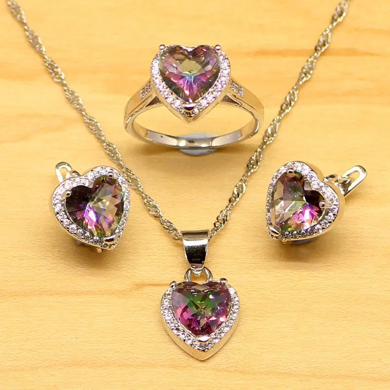 Heart Mystic Rainbow Zircon 925 Sterling Silver Jewelry Set For Women Wedding Accessories Earrings/Pendant/Necklace/Rings