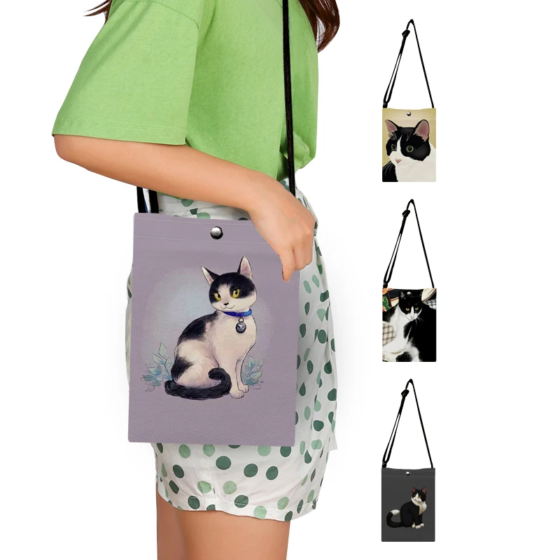 I Love Cat Black Cat Print Shoulder Bag Women Casual Crossbody Canvas Bags for Phone