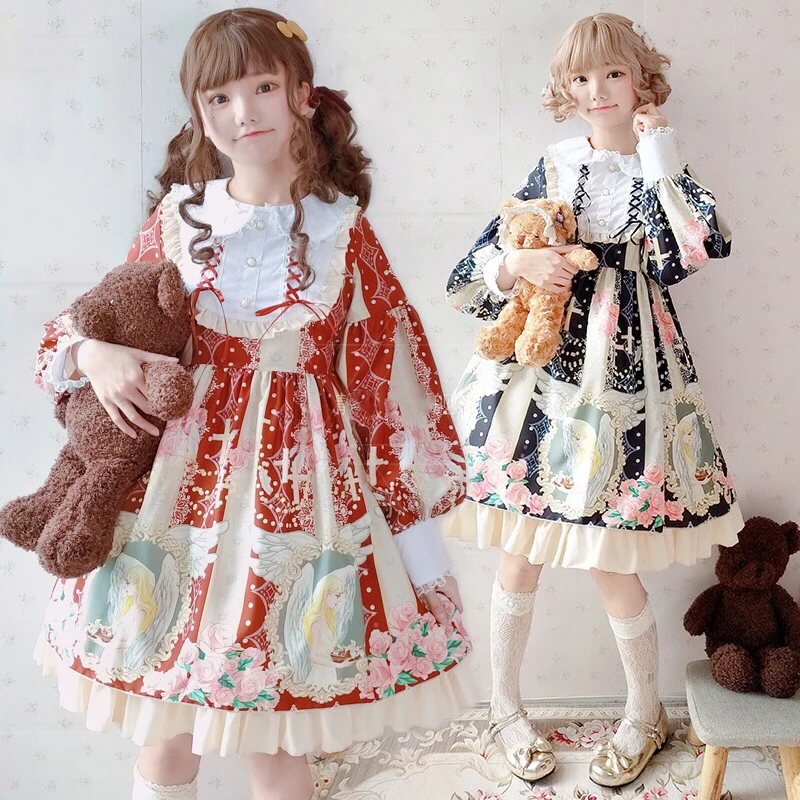 Robe princesse lolita pour fille, tenue de tous les jours, style gothique, rétro, col pan, nœud papillon, impression victorienne, kawaii