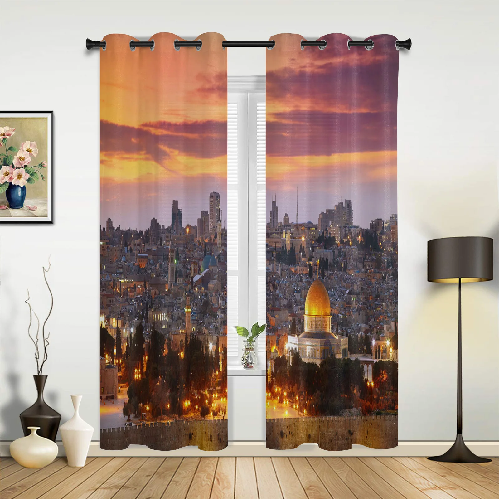 City Building Lights Sunset Valance Curtains For Living Room Study Youth Bedroom Kitchen Outdoor Windows Custom Cotton Linen