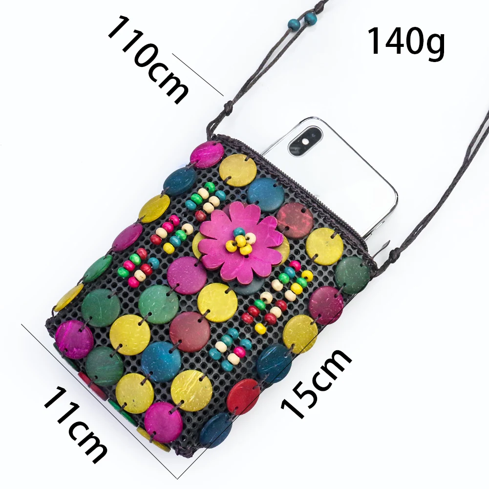 Coconut Shell Bag Female Shoulder Backpack Mobile Phone Change Jewelry Bag Bohemian Beaded Bag Decoration Crafts Storage Bag