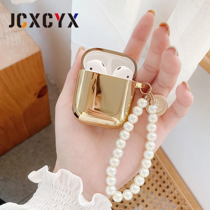 الذهب تصفيح اللؤلؤ عملة سوار سلسلة المفاتيح سماعة بلوتوث لاسلكية لينة الحال بالنسبة أبل AirPods 1 2 غطاء ل airpods برو