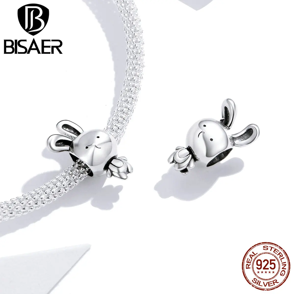 BISAER-Perles de lapin mignon en argent regardé 925, pendentif à breloque petit lapin, convient au bracelet à faire soi-même, collier charmant, cadeau de bijoux, ECC1517