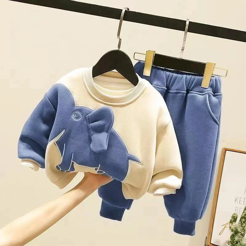 

Children's Autumn Winter Clothing Sets Babys Cartoon Plus Velvet Sweater Keep Warm Children's Leisure Thickened Two-piece Suit