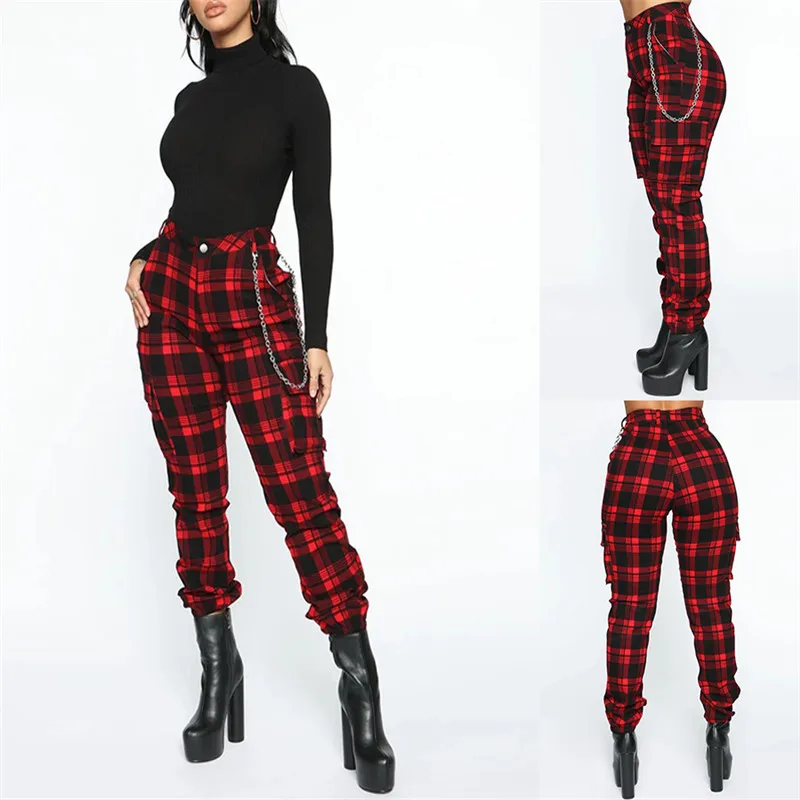 Red Plaid Pants Women Slim Hight Waist Trousers Women Harem Pants Pockets Without Chain Plus Size Ladies Streetwear Spring