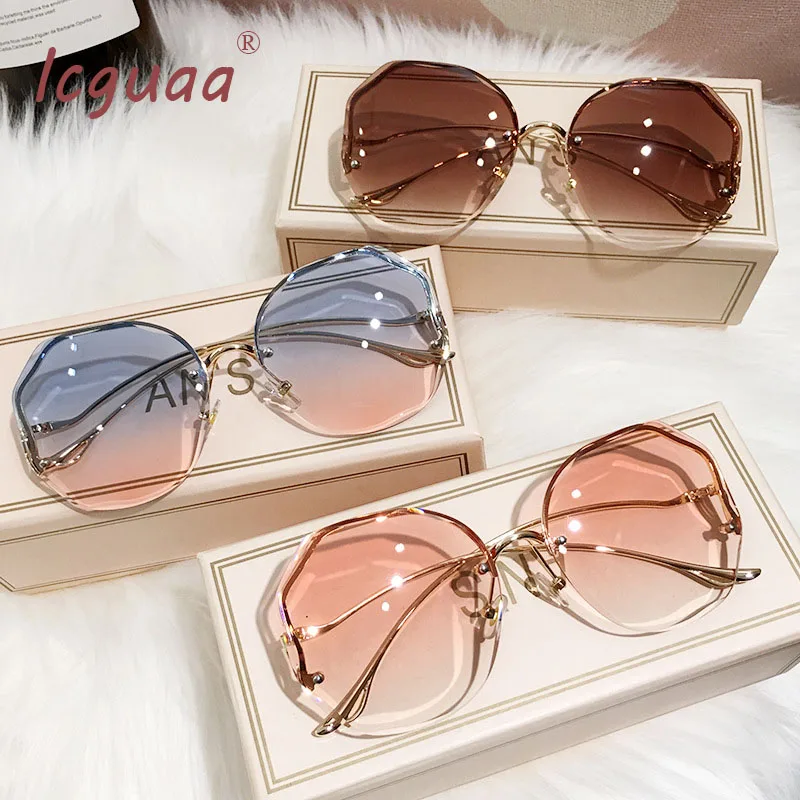 2021 Fashion Tea Gradient Sunglasses Women Ocean Cut Trimmed Lens Metal Curved Temples Sun Glasses Female Oculos De Sol Feminino