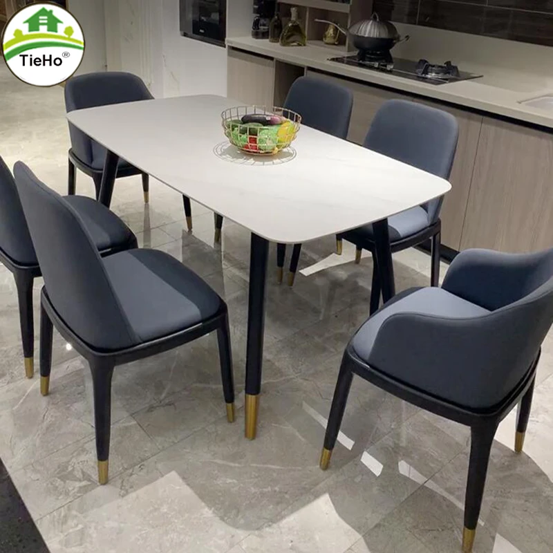 TieHo Rock Board Marble Dining Table Chair Set Kitchen Furniture 120cm Dining Table with 6 Chairs Solid Wood Frame