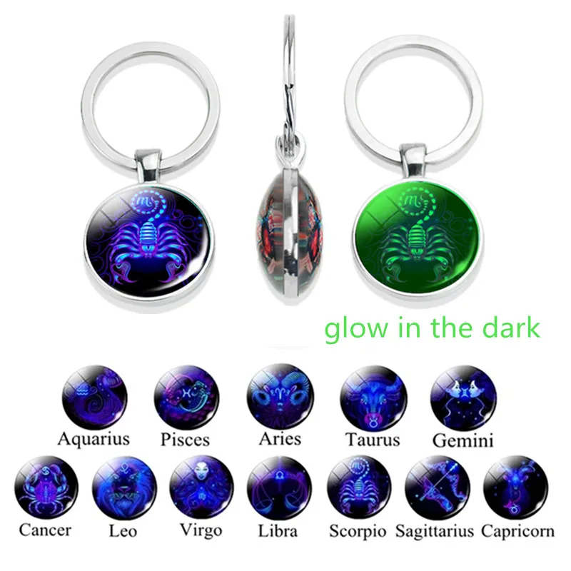 Luminous Zodiac Signs Keychain Double Sided Glass Cabochon Cancer Leo Scorpio Constellation Keyring Jewelry Birthday Gifts