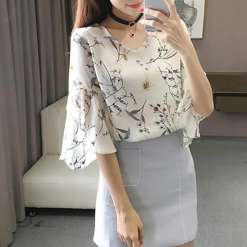 Office Lady Fashion Flower Print Shirt Half Flare Sleeve V Neck Chiffon Blouse Casual Daily Wear Top Shirts With Short Sleeve