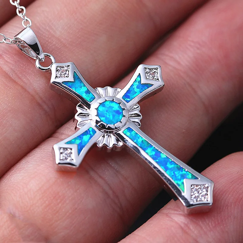 2024 Fashion Women Necklace Statement Wedding Jewelry Vintage Imitation Fire Opal Cross Pendants Necklaces For Men Accessories