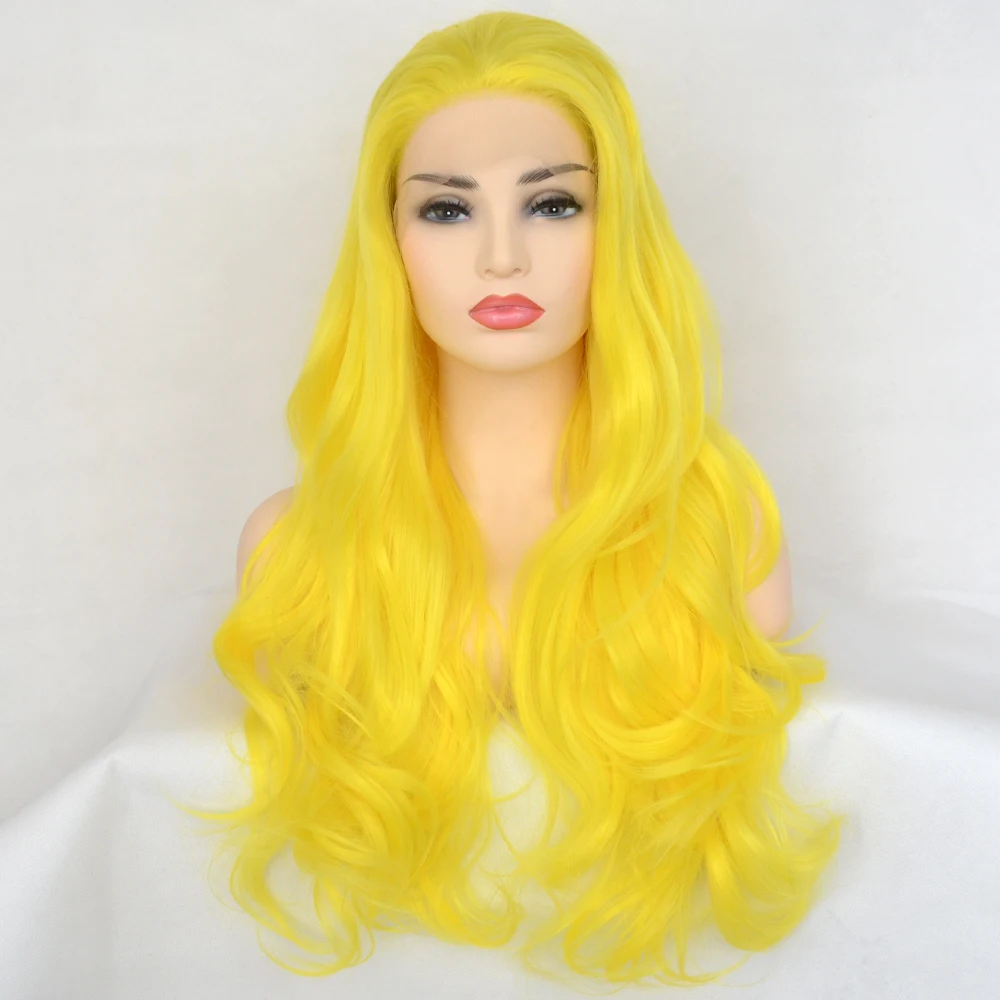 Voguequeen 13×4L Sexy Yellow Synthetic Lace Front Wig Long Natural Wave Free Parting Cosplay For Women