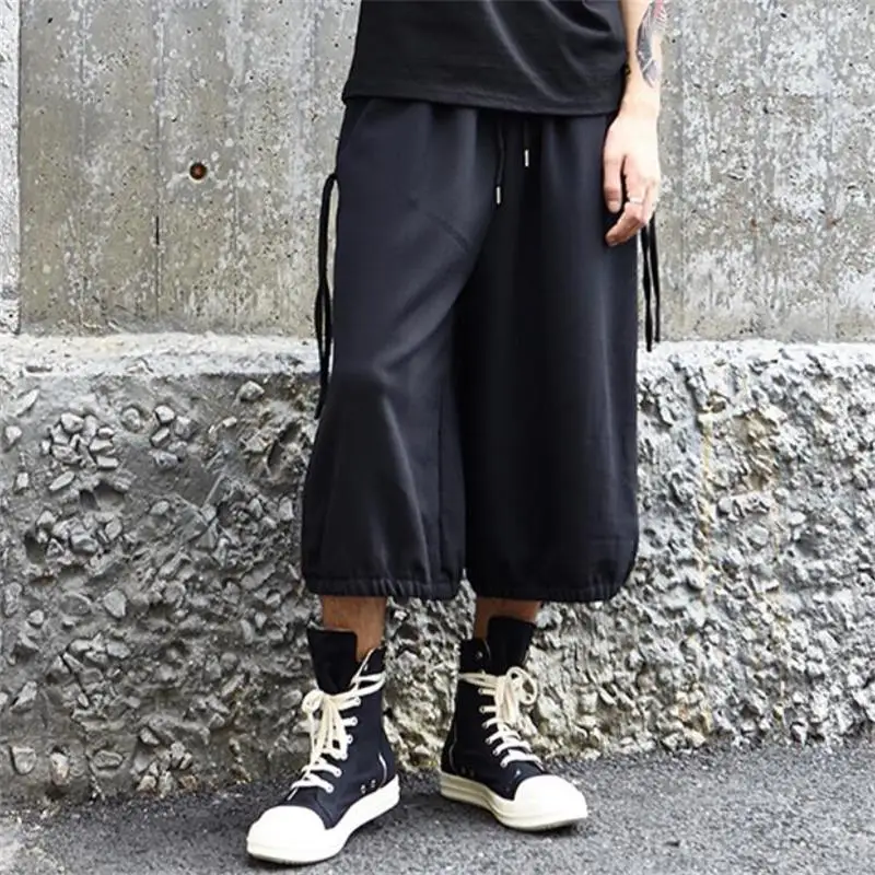 Men's Wide Leg Pants Spring/Summer New Personality Pull Rope Non-Mainstream Hair Stylist Super Loose Seven Minutes Pants